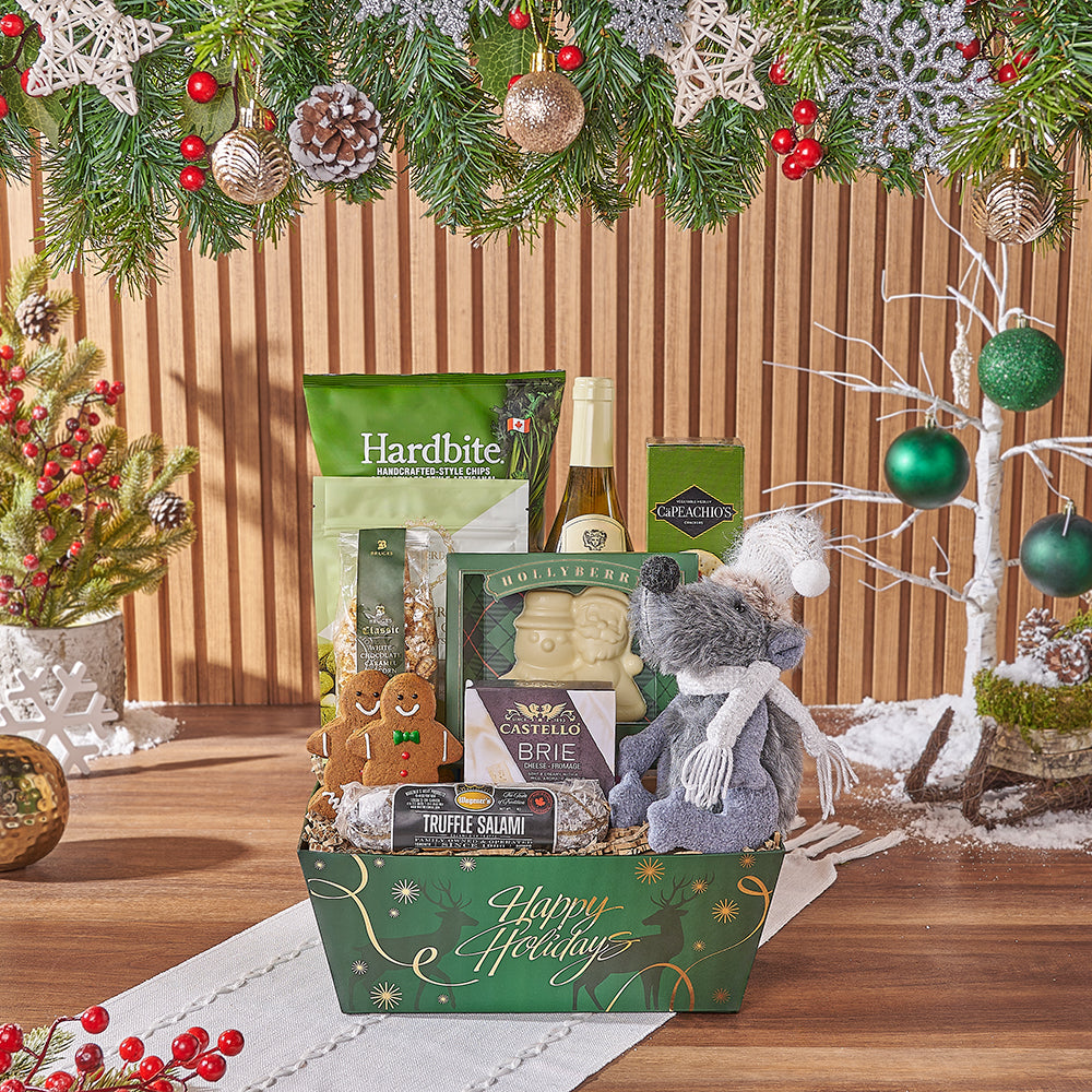 Festive Wine Gift Basket with Brie, Salami, and Holiday Treats – how the gift is presented