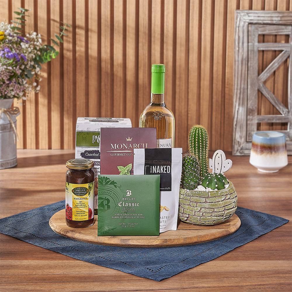 Kosher Wine & Cacti Gift, kosher gift, kosher wine, plant, crackers, chocolate, nuts, jam, board, Washington Delivery