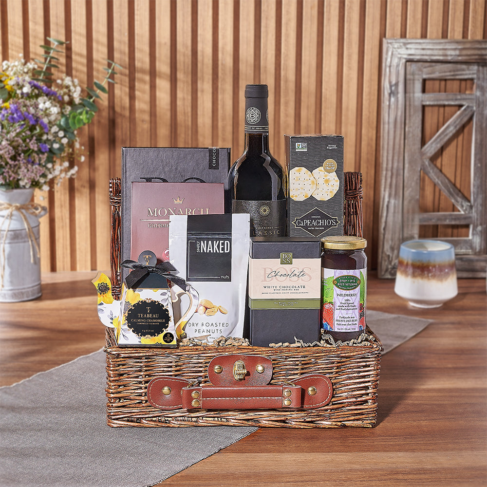 Small Wicker Picnic Basket with Kosher Wine and Assorted Gourmet Snacks – how the gift is presented