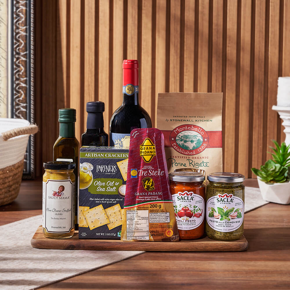 Italian Gourmet Wine and Cheese Basket – how the gift is presented