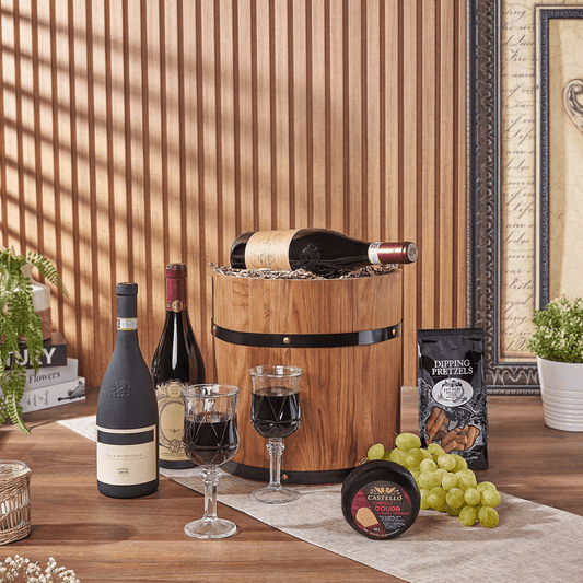 Lovely Wine Cheese Barrel - Vintage Premium Wines, wine gift, wine, fruit gift, fruit, cheese gift, cheese, Washington delivery