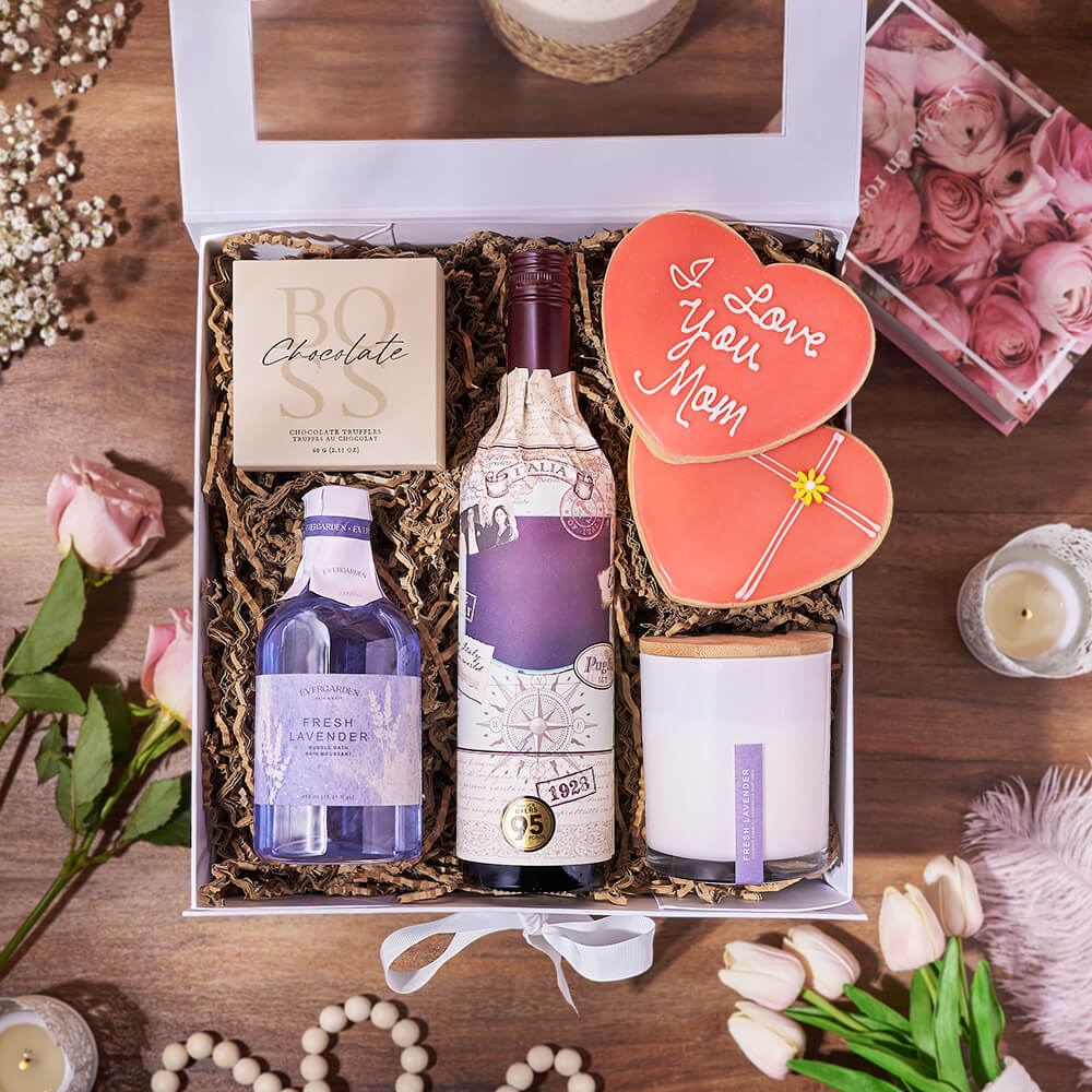 Mother's Day Spa Gift Box with Wine and Lavender Treats – how the gift is presented