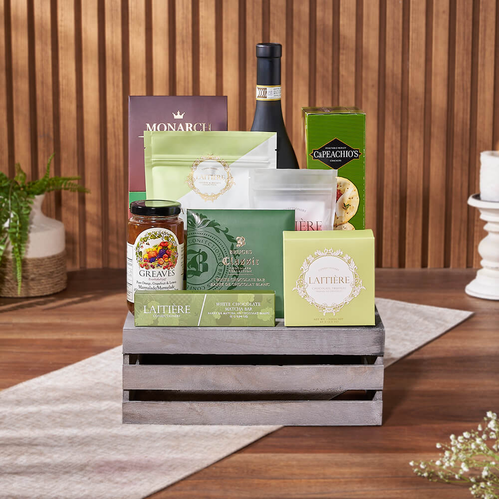 Wine and Gourmet Chocolate Truffles Medium Wooden Crate Gift Basket – how the gift is presented