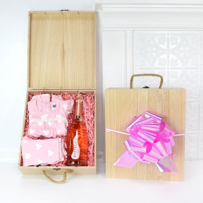 Rustic Champagne Gift Crate with Pink Dress and Matching Pants – how the gift is presented