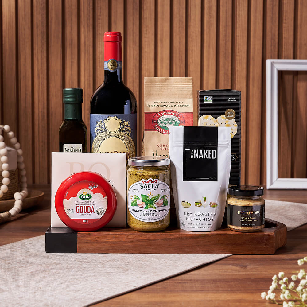Wine Basket Featuring Maccheroni and Oil – how the gift is presented