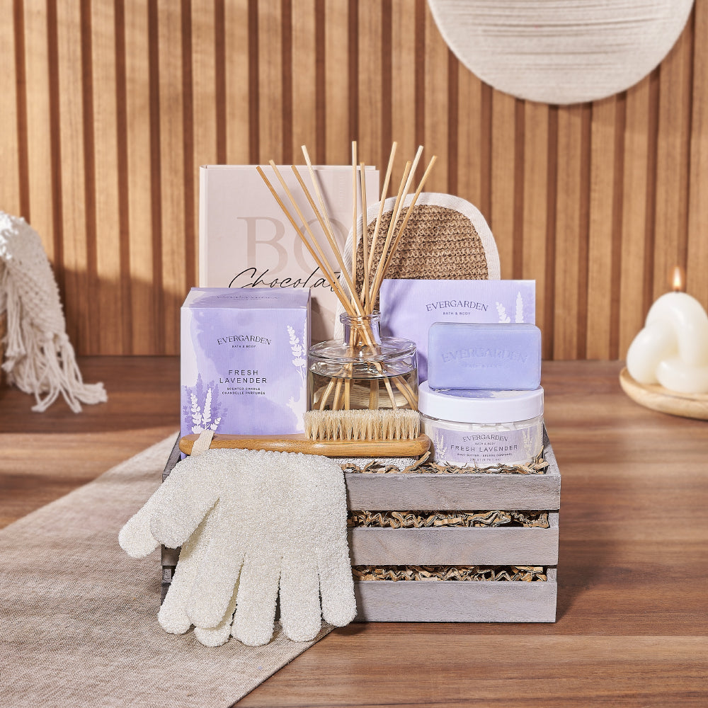 Radiant & Lavish Spa Gift Set, spa gift, candle, diffuser, soap, body butter, bath salts, bath mitt, bath gloves, foot brush, chocolate, box, Washington Delivery