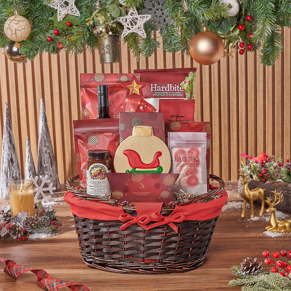 Red and White Holiday Wine Basket with Gourmet Treats – how the gift is presented