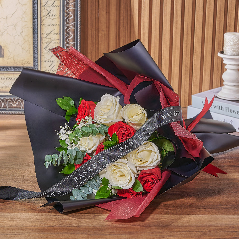 Mixed Red and White Rose Arrangement – how the gift is presented