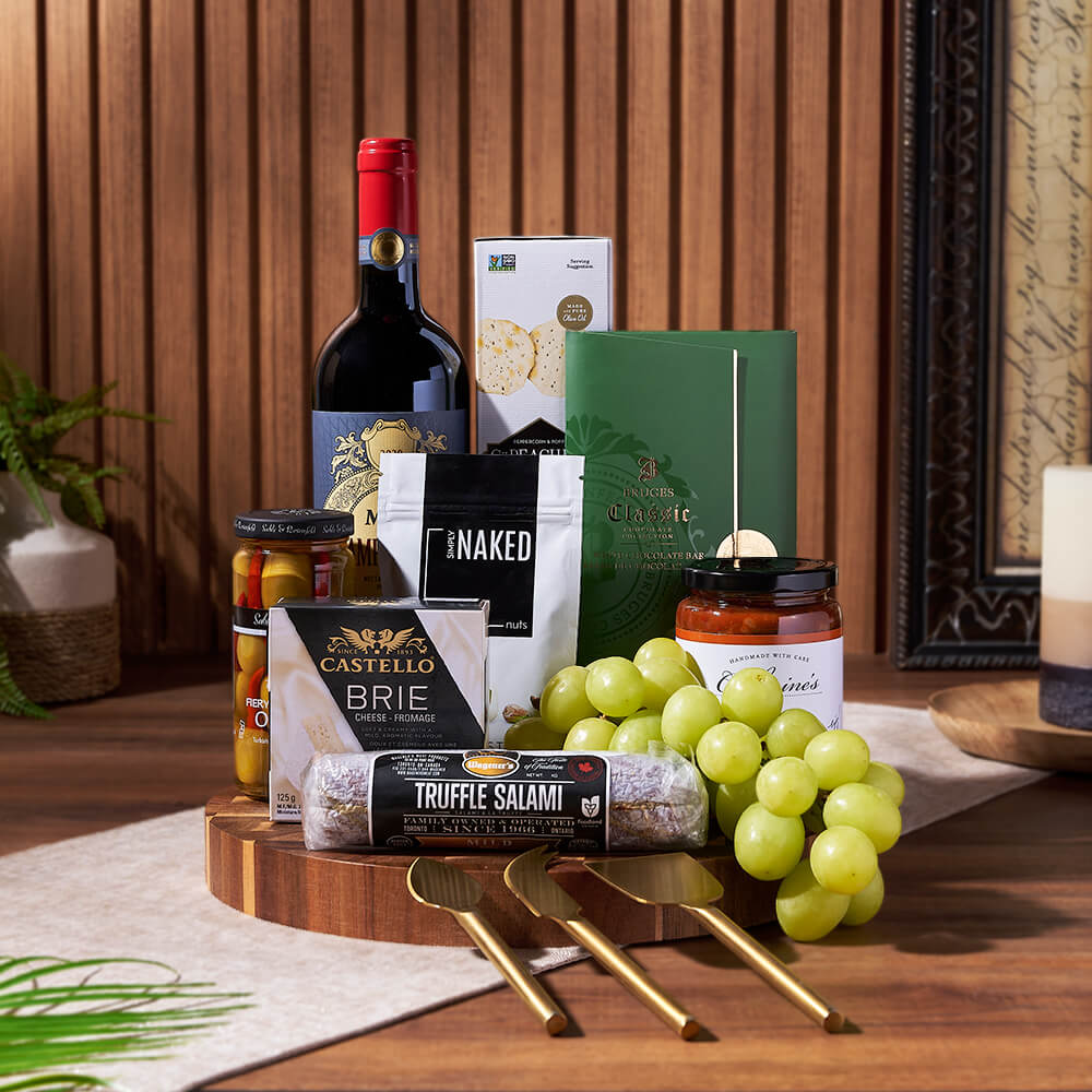 Wine and Gourmet Delights Gift Basket with Cheese Knives and Cutting Board – how the gift is presented