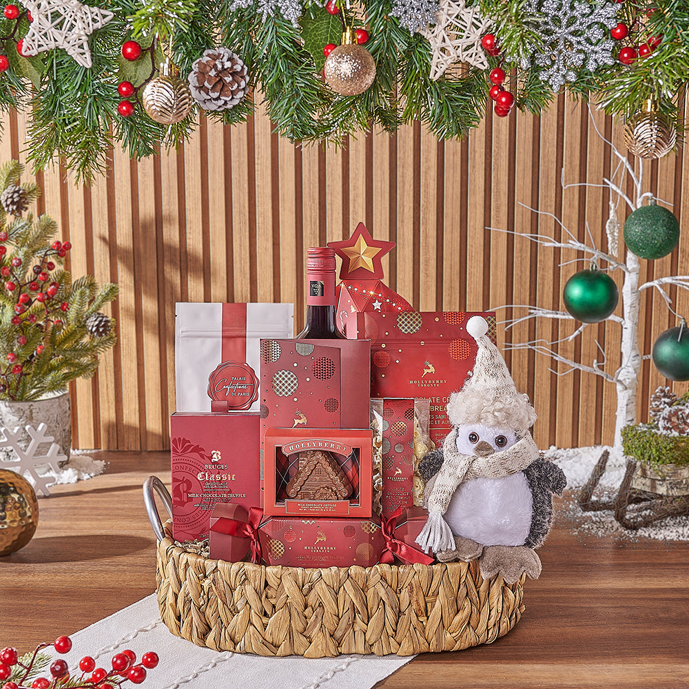 Holiday Woven Basket Gift with Wine and Gourmet Chocolates – how the gift is presented