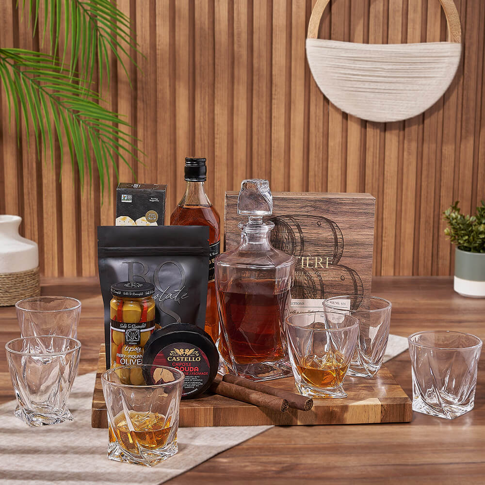 Luxury Liquor Gift Box with Dark Chocolate Mocha Cookies and Cigars – how the gift is presented