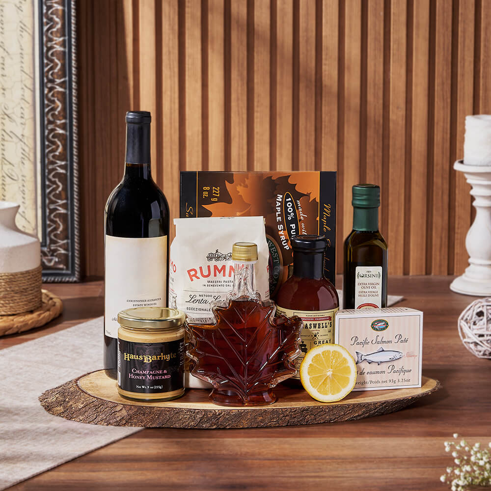 Wine Basket Featuring Maple Salmon – how the gift is presented