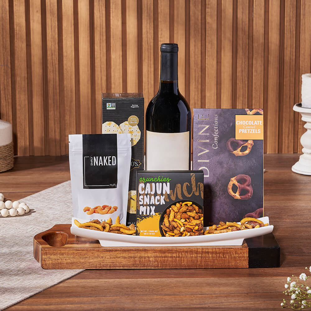 Chocolate Covered Pretzel Wine Basket – how the gift is presented