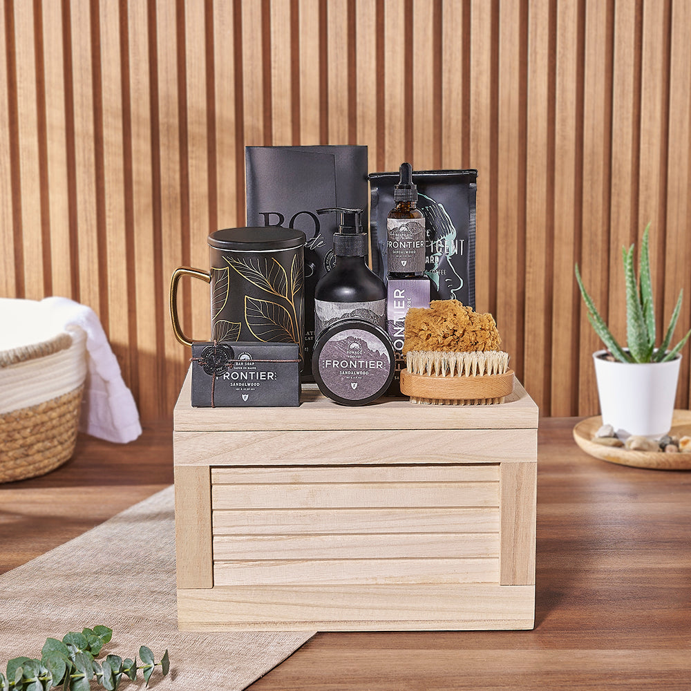 Sandalwood Spa Gift Crate with Boss Coffee and Dark Chocolate Bar – how the gift is presented