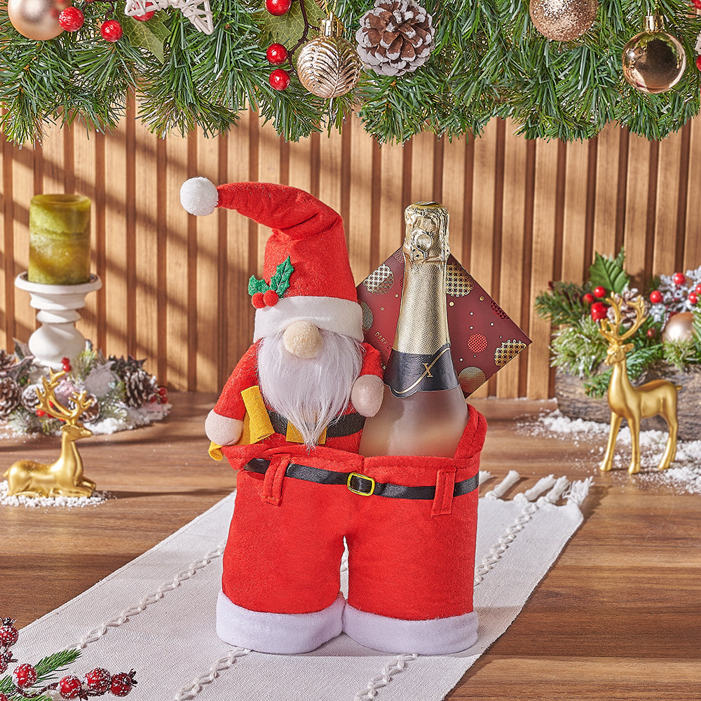 Holiday Sparkling Wine and Hollyberry Dark Chocolate Gift in Santa Pants Bag – how the gift is presented