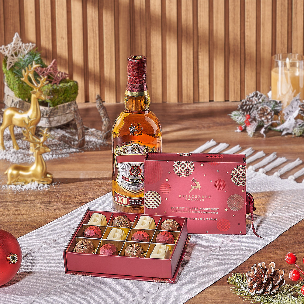 Winter Celebrations Liquor Gift Set with Hollyberry Chocolate Truffles – how the gift is presented