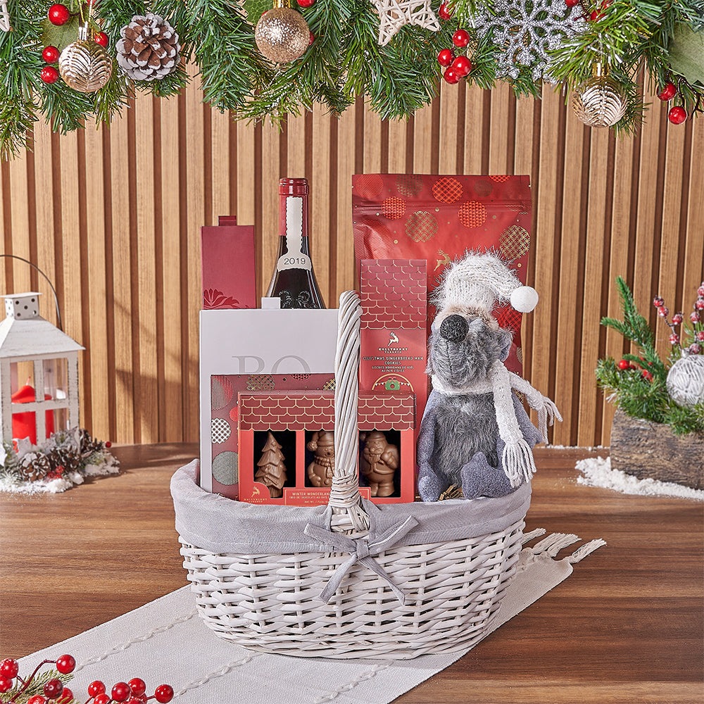 Holiday Wine and Plush Basket – how the gift is presented