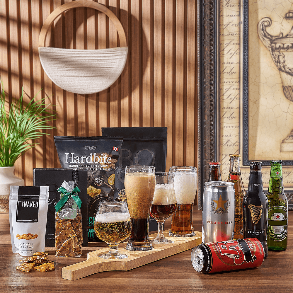 Premium Beer Flight Sampler with Caramel & Dark Chocolate Treats – how the gift is presented
