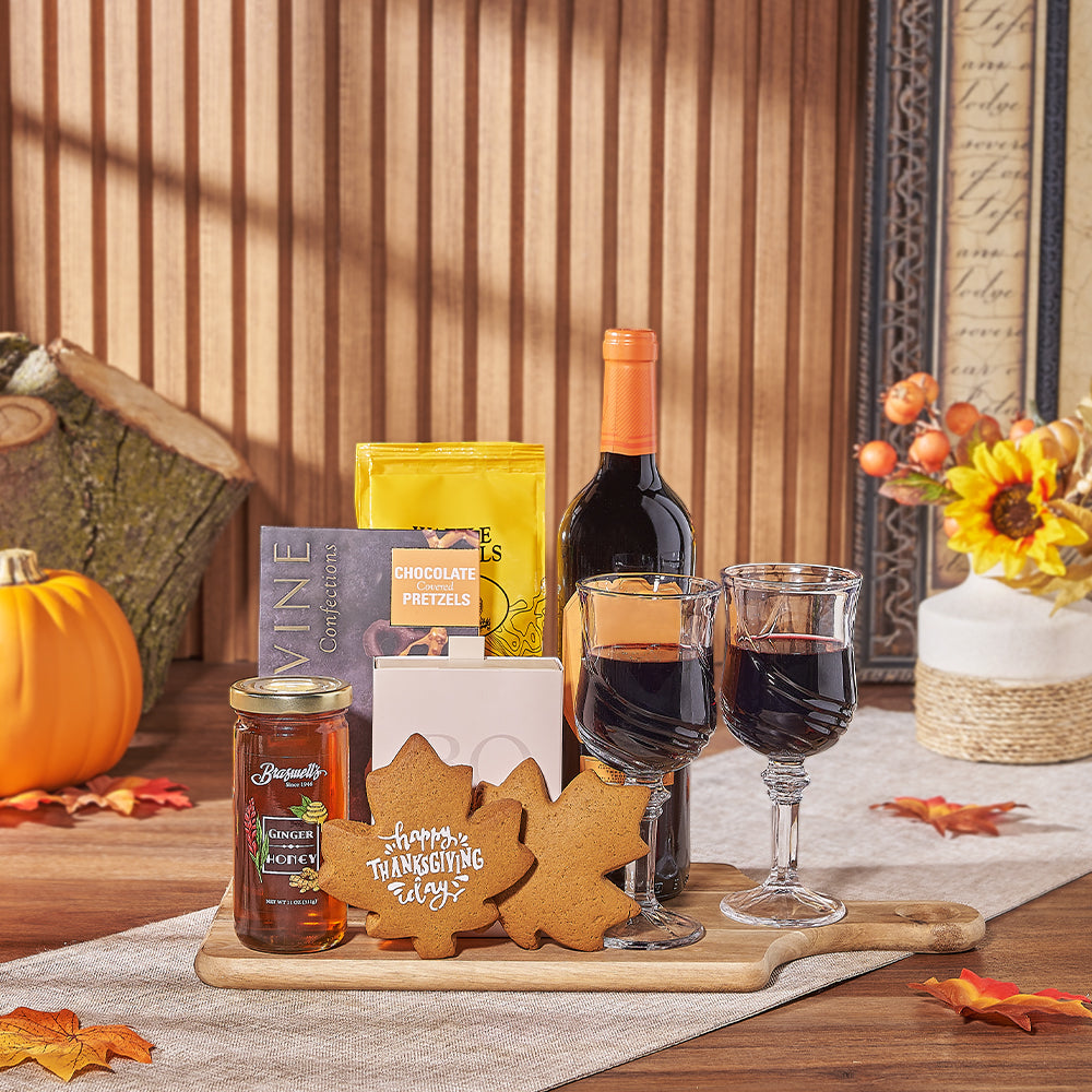 Thanksgiving Wine Gift Basket with Board – how the gift is presented