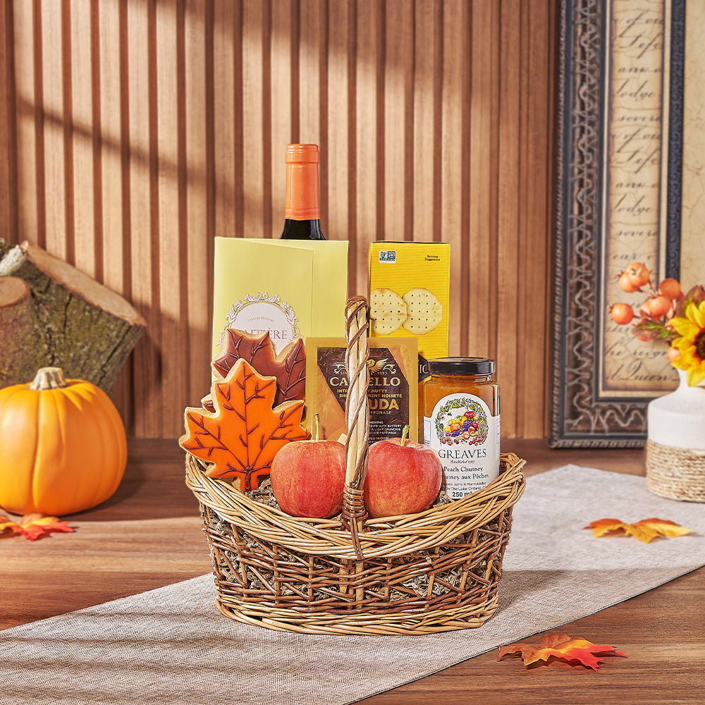 Thanksgiving Wine and Gourmet Food Gift Basket in Two-Tone Wicker – how the gift is presented