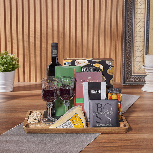 The Big Celebration Kosher Set, kosher gift, kosher wine, crackers, chocolate, nuts, olives, cheese, glasses, board, Washington Delivery