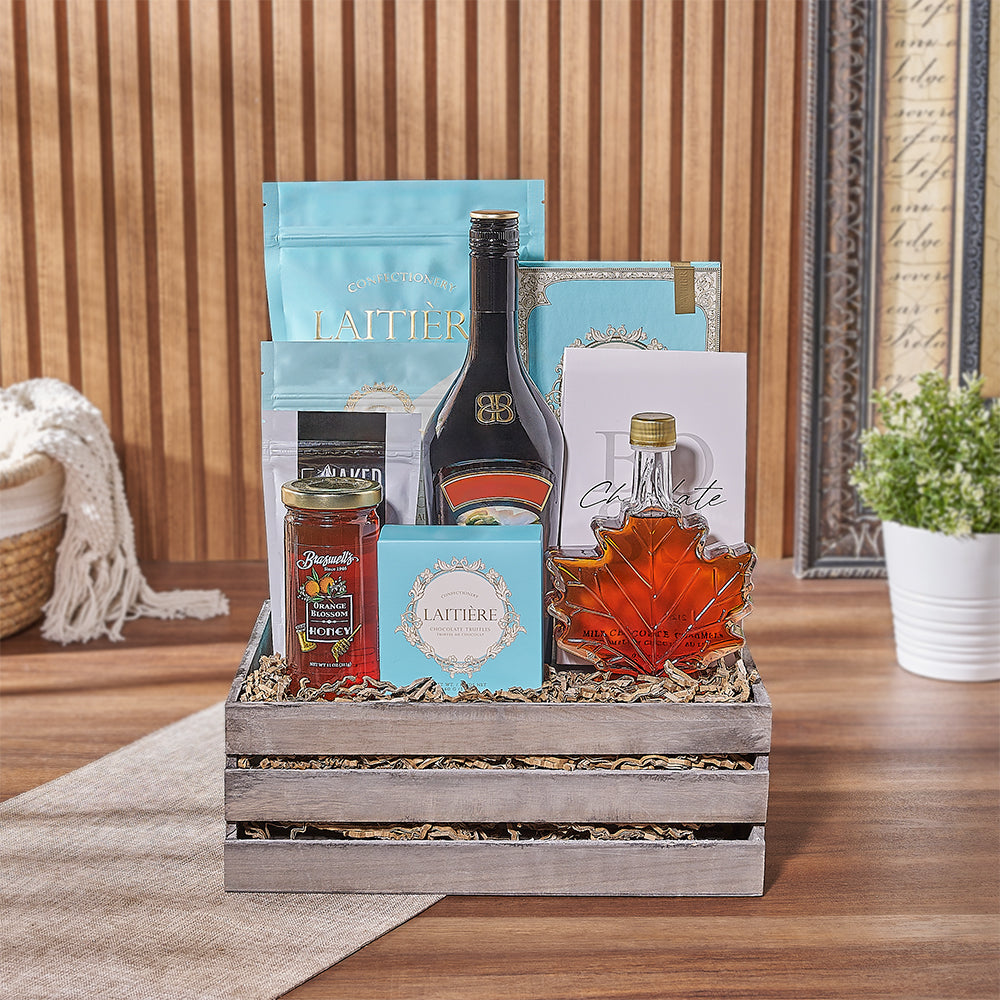 Luxury Liquor Gift Basket with Chocolate – how the gift is presented
