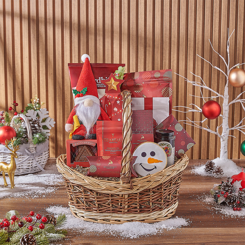 Two-Tone Basket with Holiday Snacks – how the gift is presented
