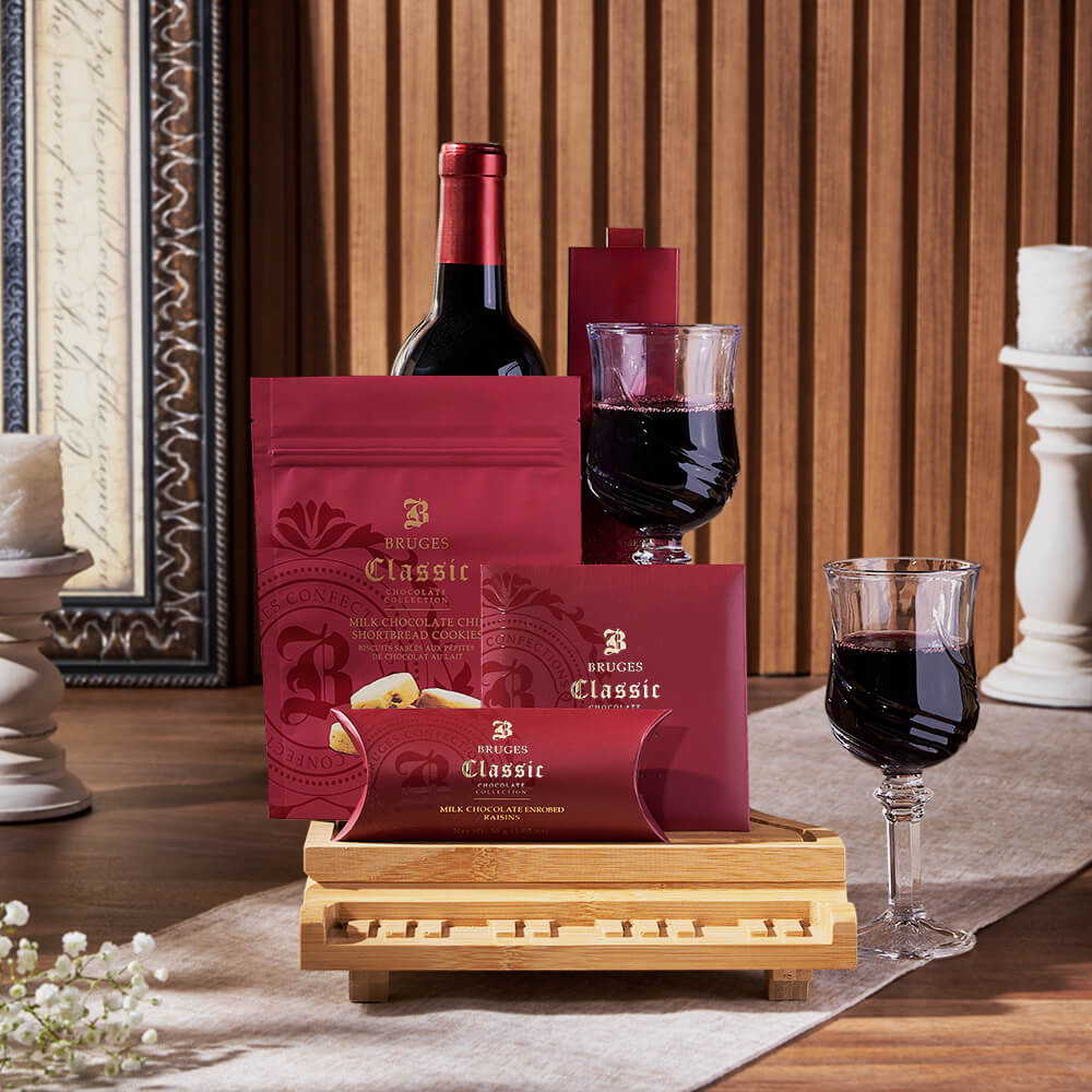 Gourmet Wine Gift Basket with Bruges Chocolate Selection – how the gift is presented