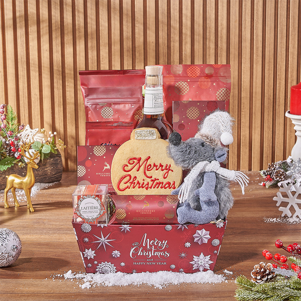 Liquor and Holiday Treats Basket – how the gift is presented