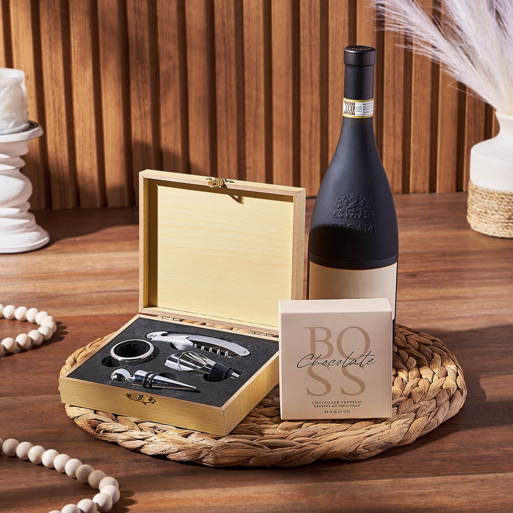 Boss Chocolate Truffles with Wine Gift Basket in Elegant Wooden Case – how the gift is presented