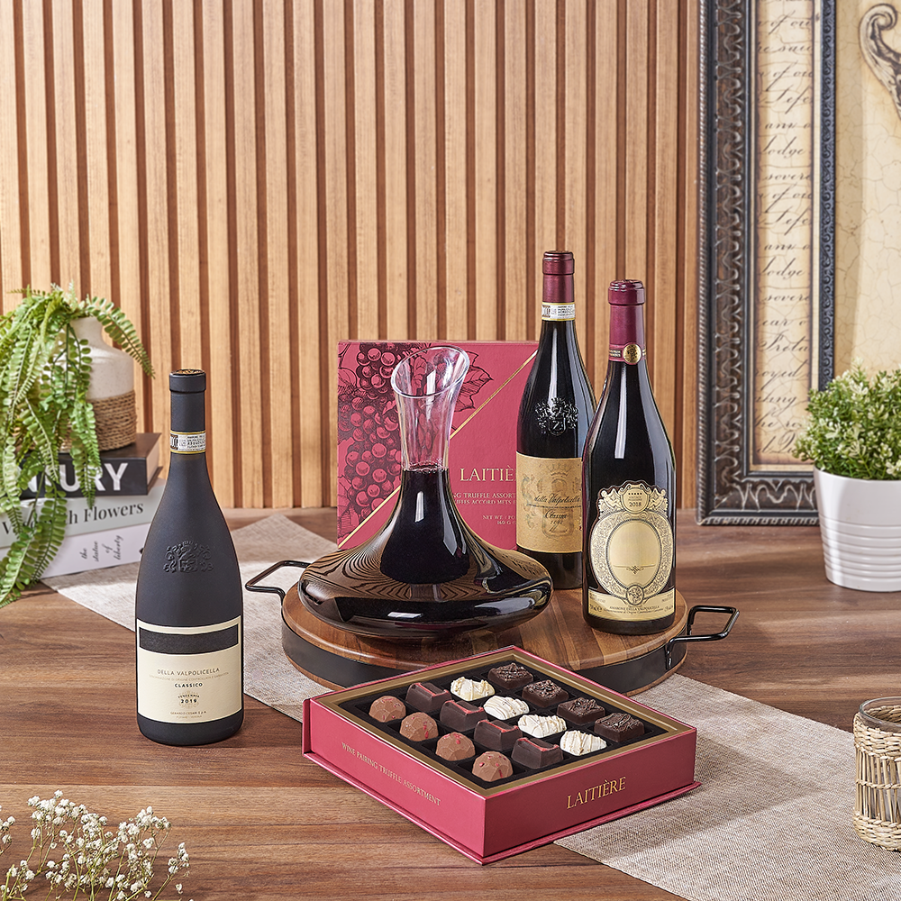 Sophisticated Wine Trio Gift with Decanter, Serving Board, and Chocolates – how the gift is presented