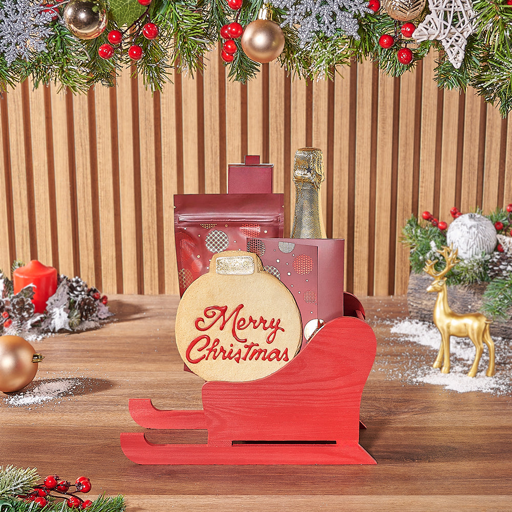 Holiday Sparkling Wine Gift Basket with Truffles and Hot Chocolate – how the gift is presented