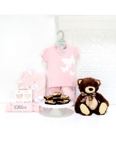 TEDDY & THE WEE GIRL GIFT BASKET, baby girl gift basket, welcome home baby gifts, new parent gifts
